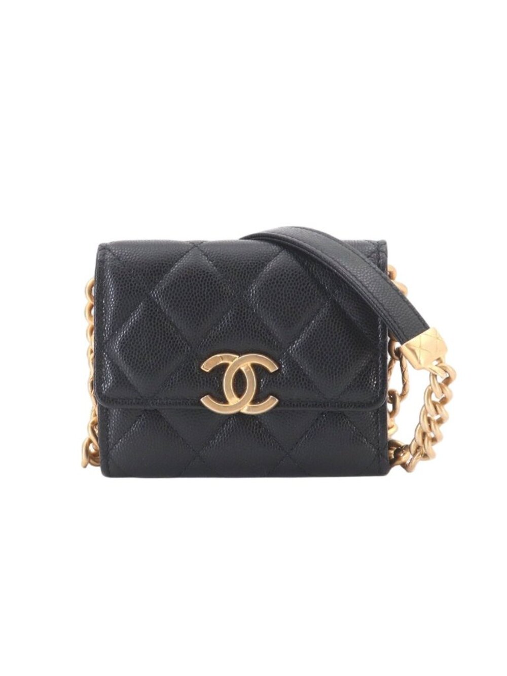 Chanel Quilted Bracelet on Chain Shoulder Card Case Caviar Leather Black
